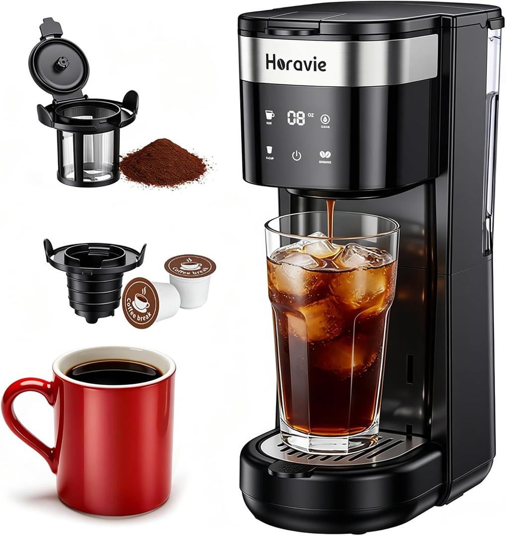 All-in-1 Single Serve Coffee Maker, Fit 7.8" Travel Mug, Hot & Iced K Cup Coffee Machine with 5 Brew Sizes, One Cup Coffee Maker with Descaling and Low Water Alert, 30oz Removable Reservoir, Black