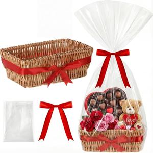 Wicker Gift Basket Empty to Fill 12x7x5" Valentine's Day Woven Empty Baskets for Gifts with Bag and Bow Ribbon for Valentines Baby Shower Birthday Wedding Favor Wrapping(Wood Color)