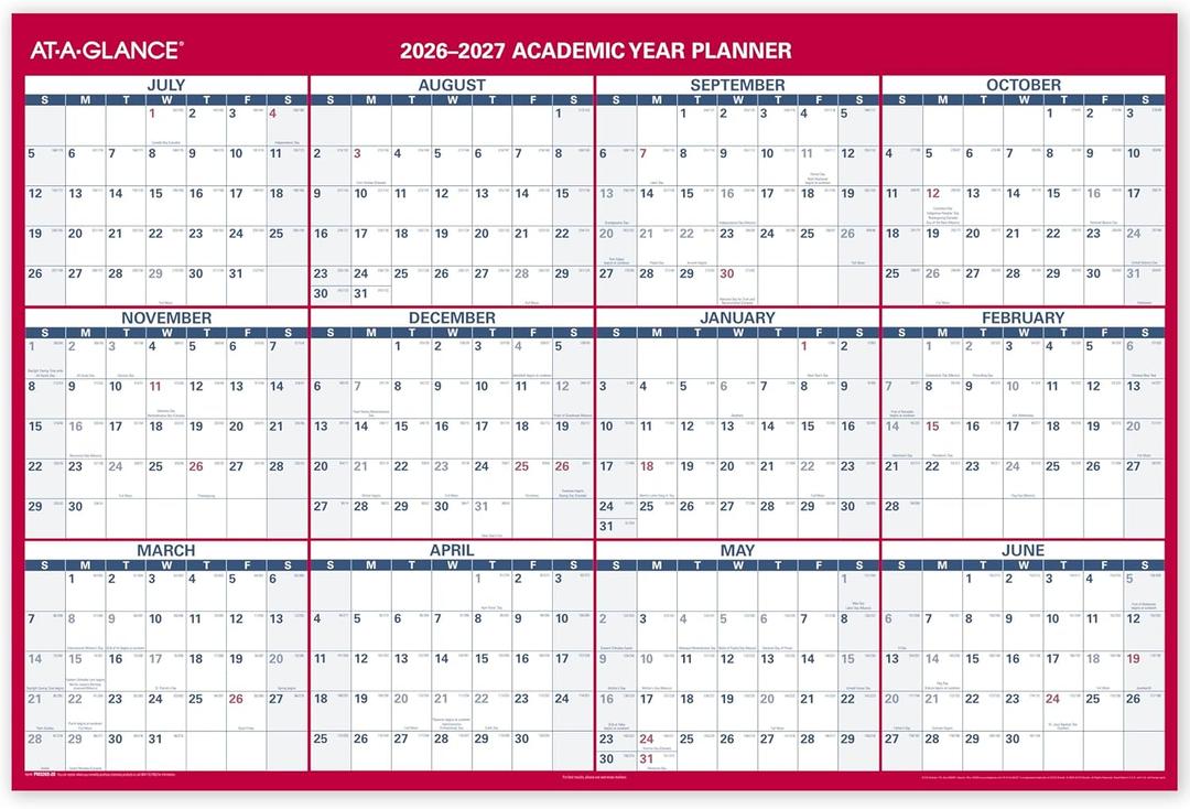 AT-A-GLANCE Dry Erase Calendar 2026-2027 Academic & Regular Year Wall Planner, 12-Month, 48" x 32", Double Sided, Horizontal (PM326S28)