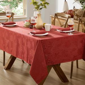 Newbridge Sienna Red Fancy Leaves Damask Fabric Holiday Tablecloth, 60 x 84 Inch Rectangle, Elegant Swirling Leaf Pattern, No Iron Soil Resistant Dining Room Party Table Cover