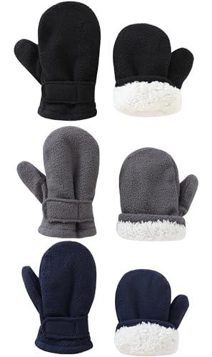 Baby Toddler Mittens Boys Girls Winter Outdoor Gloves Kids Easy-On Fleece Warm Mitterns Black Gray Navy 3 Pairs Small（1-2 years）