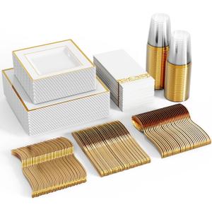 FOCUSLINE 350 Ct Disposable Dinnerware Set for 50 Guests -Heavy Duty Square Plastic Plates with Gold Rim, Includes 50 Dinner & Salad Plates, Cups, Napkins, Cutlery Set