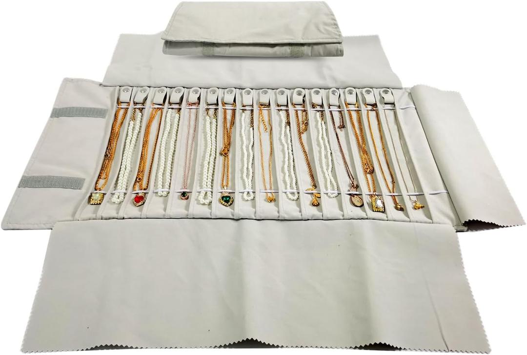 Portable Jewelry Roll Untangled Secure Necklace Travel Storage Bag Displays Holder 16 Chain (Beige)