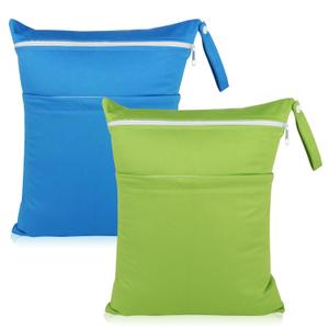 Angel Love Baby Cloth Diaper Wet/Dry Bags, 2 Pack With Two Zippered Pockets, Waterproof Washable Reusable for Travel, Beach, Pool, Gym, Swimsuits or Wet Clothes, L0109 (Green and Blue)