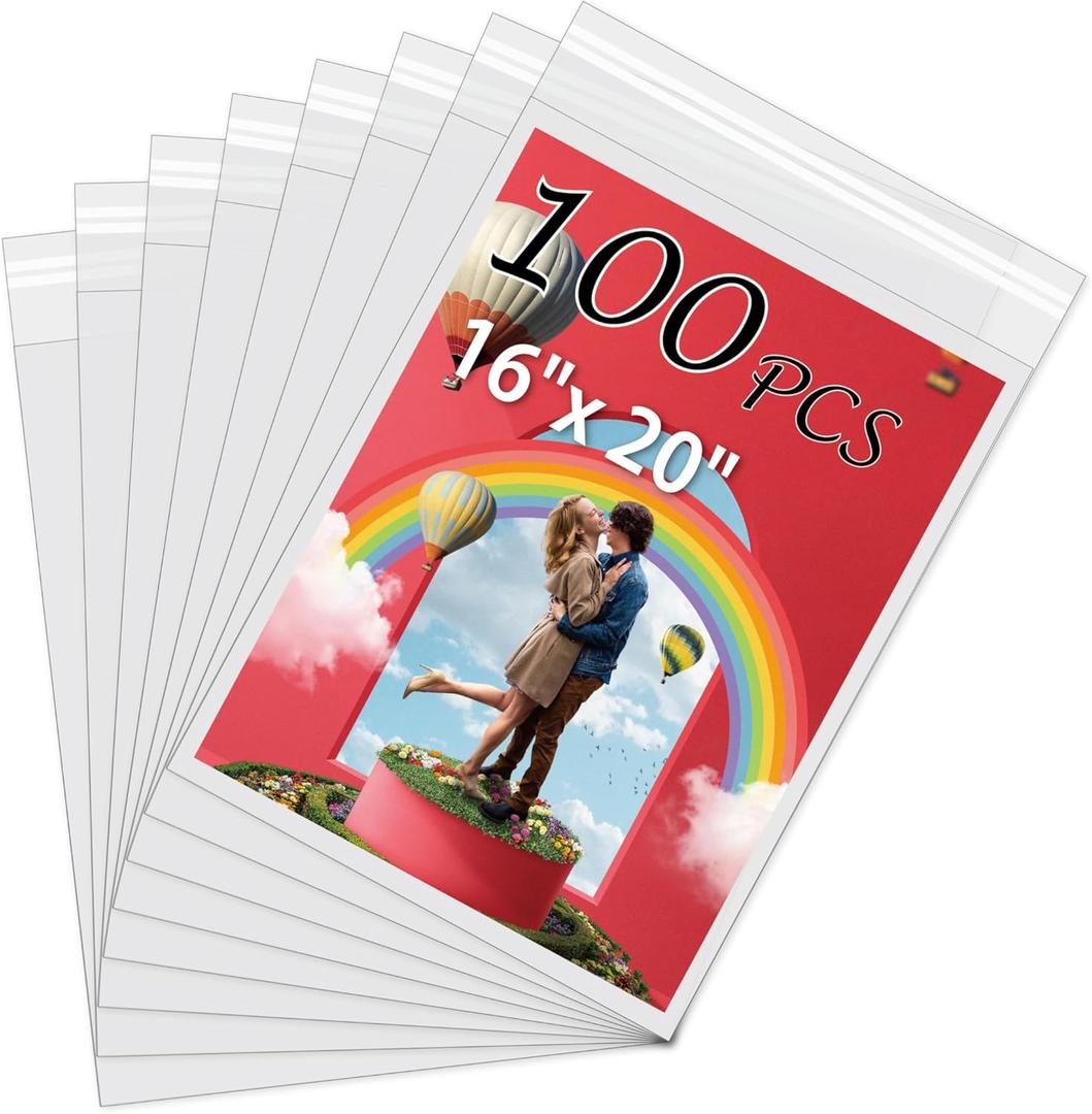 Acid-Free Picture Sleeves, 100 Pack Crystal Clear Storage Bags for 16x20 Art Prints, Pictures, Photos, Frame Mats (Bag Size: 16 1/2" x20 1/2")