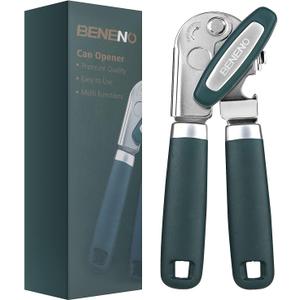 Beneno Heavy Duty Hand Can Opener Manual with Magnet, Durable Sharp Carbon Steel Blade Smooth Cutting, Big Effort-Saving Knob & Soft Grip Handle, Multifunctional Kitchen Tool with Bottle Opener, Green
