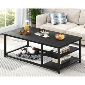 Black Coffee Table, Rustic Wood Living Room Table with Storage Shelf, Modern Rectangle Center Table, 47 Inch