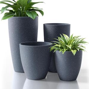 ZMTECH 4 Pack Plastic Planters 21/18/12/10in, Indoor Outdoor Round Planter for Porch, Large Plant Pot with Drainage Hole for Home Garden Front Door, Modern Decorative Pots for Plants (Dark Gray)