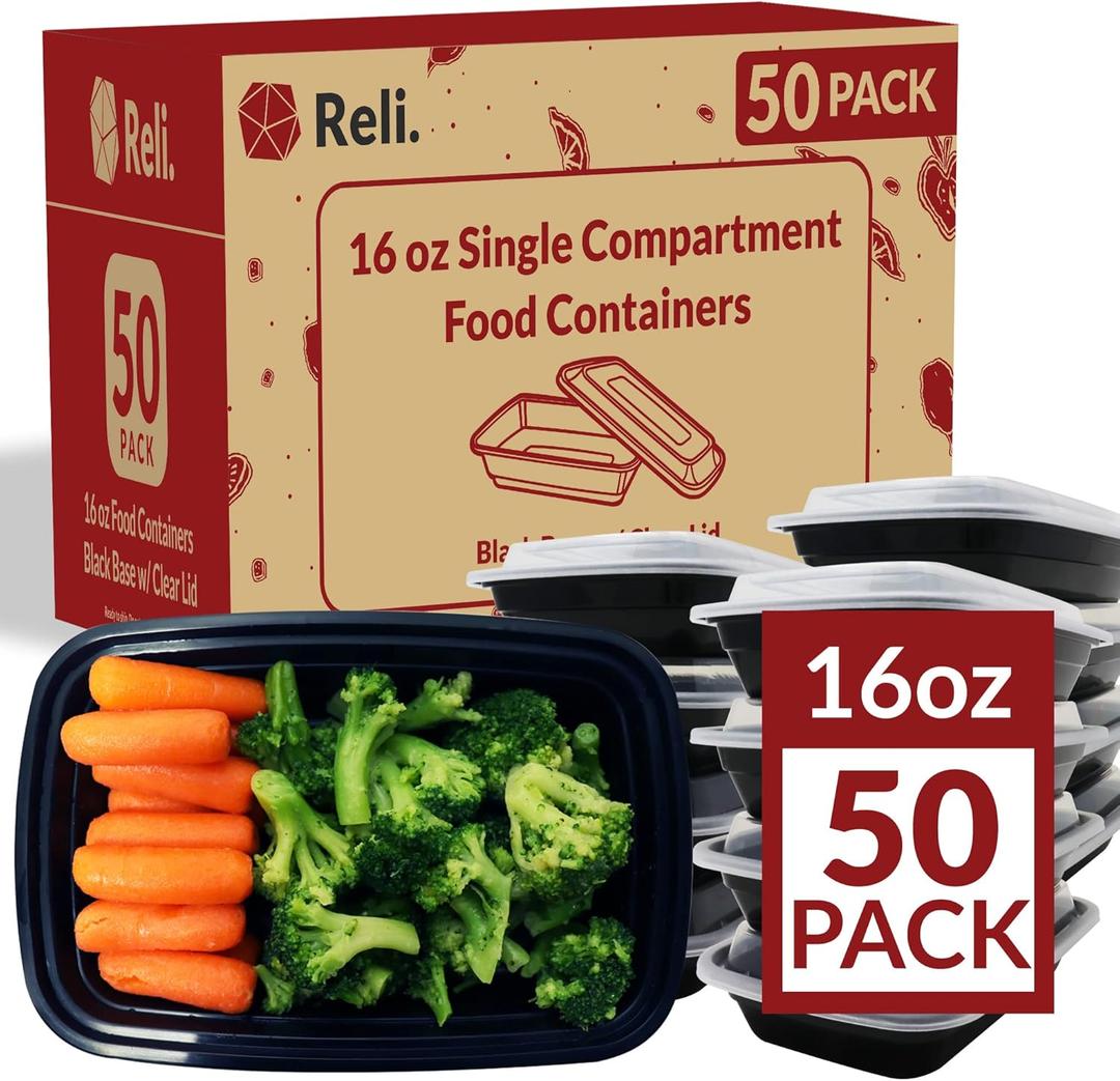 Reli. Meal Prep Containers, 16 oz. | 50 Pack | 1 Compartment Food Container w/Lids | Microwavable Food Storage Containers/To Go | Black Reusable Bento Box/Lunch Box for Meal Prep