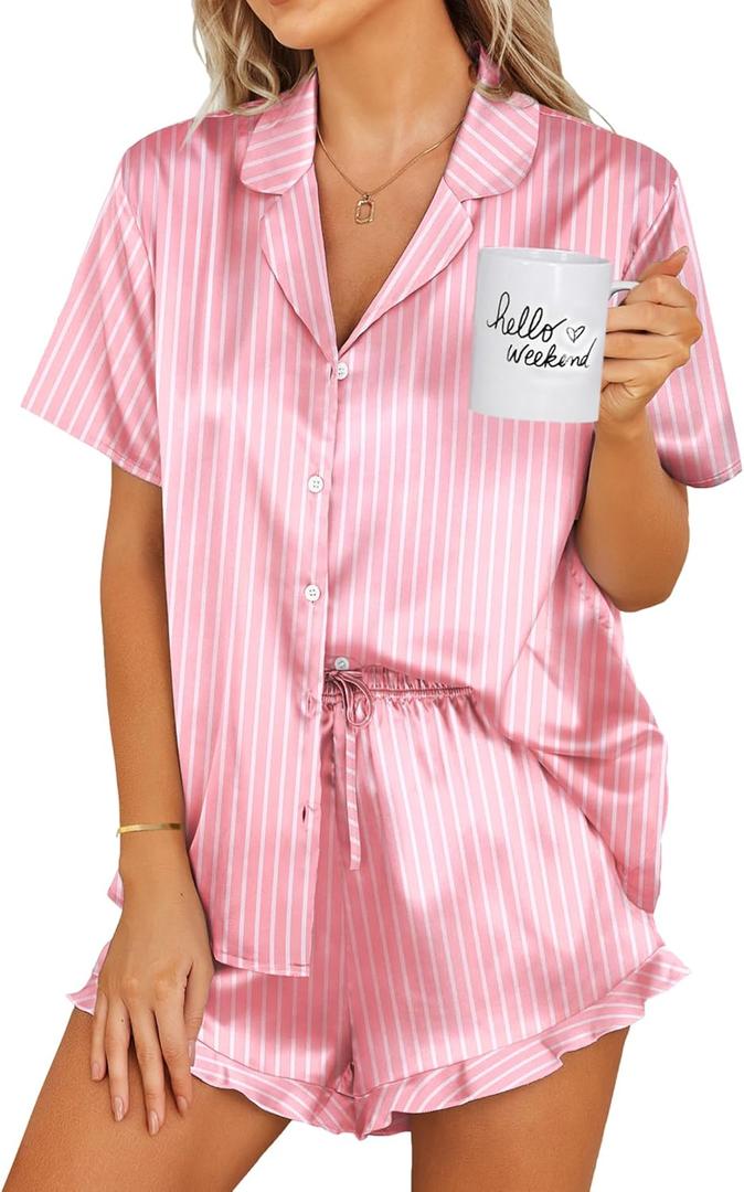 Ekouaer Womens Satin Pajamas Set Button Down 2 Piece Silk Pjs Shorts Set Ruffle Lingerie Notch Collar Sleepwear (Large, Striped Pink)