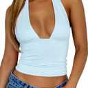Women Backless Halter Tops Sexy Deep V Neck Going Out Crop Tank Top Open Back Sleeveless Slim Fit Summer Tops (Blue, S)