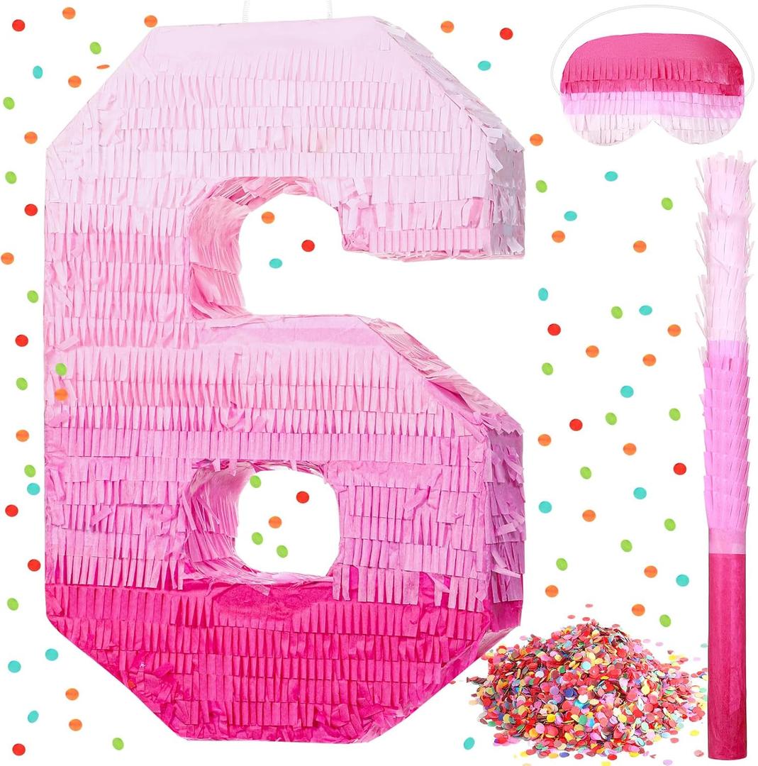 4 x Sratte Number Piata Pink Piata Birthday Decorations Gradient with Stick Blindfold Confetti for Girls Boys Birthday Anniversary Party Decorations Supplies(Number 6)