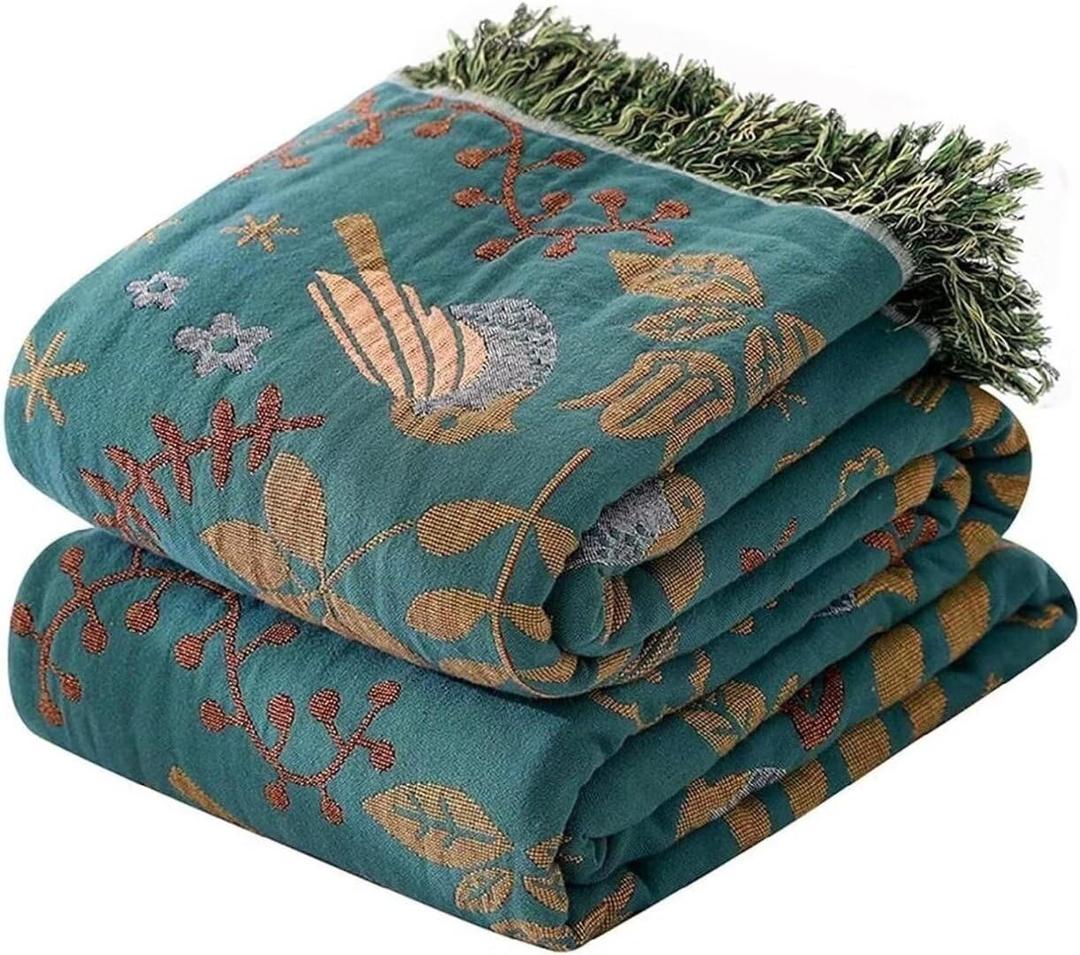 Green Spring Boho Throw Blanket for Bed,100% Cotton Reversible Rustic Quilt 60"x80",Soft Cozy Farmhouse Muslin Decorative Fall Throw Blankets for All Season, for Sofa, Couch Chair, Travel (A-teal Bird)
