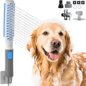 Dog Shower Attachment, Dog Washing Hose Attachment with Metal T-Diverter, Dog Bathing Supplies with 3 Spray Modes & One-Button ON/OFF Indoor and Outdoor Sprayer 8-Foot Hose (Blue)