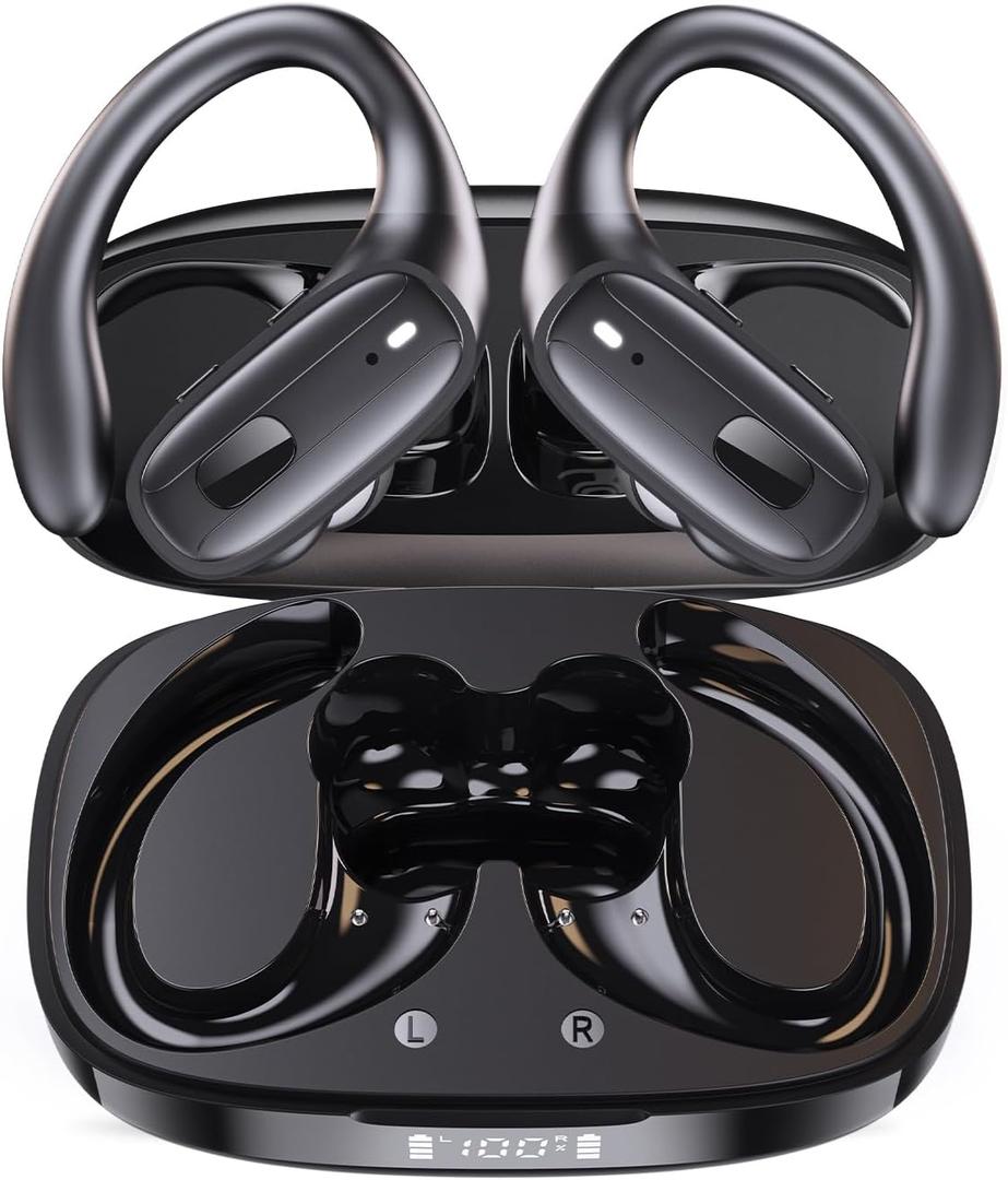 LEEMC Wireless Earbuds, Bluetooth Headphones 5.4, 80Hr Playtime Ear Buds with Hooks for Sports, Noise Canceling, LED Display, IPX7 Waterproof Earphones for Workout Running, JetBlack