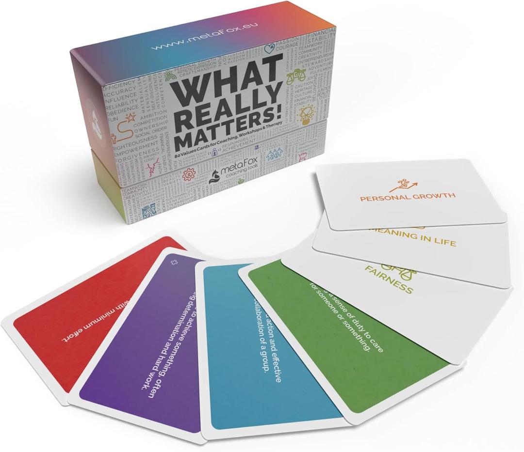 metaFox What Really Matters! | 80 values cards for coaching, workshops & therapy | Premium-quality coaching cards to discover, prioritize & live by what matters most to you (English)