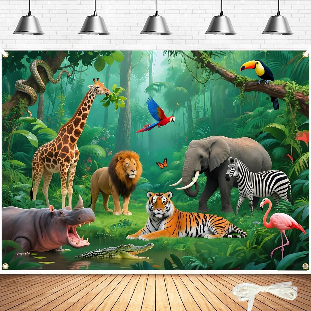 7x5ft Jungle Backdrop with 19.69ft Ribbon - Tropical Rainforest Safari Photography Background for Jungle Party Decor, Kids Birthday, Baby Shower & Photo Booth Props