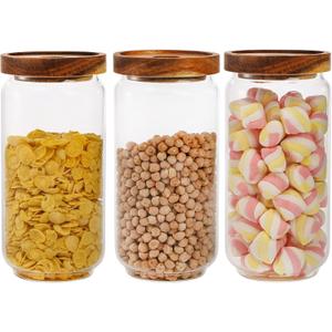 Bekith 3 Pack Glass Storage Containers with Airtight Seal Acacia Wood Lids, 31.6 FL OZ (950ml) Clear Glass Food Storage Jars for Kitchen, Glass Pantry Canister for Spaghetti Pasta, Coffee, Beans