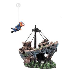 AWXZOM Aquarium Shipwreck Decoration + Little Diver Floating Fish Tank Decoration, Fish Tank Ornaments