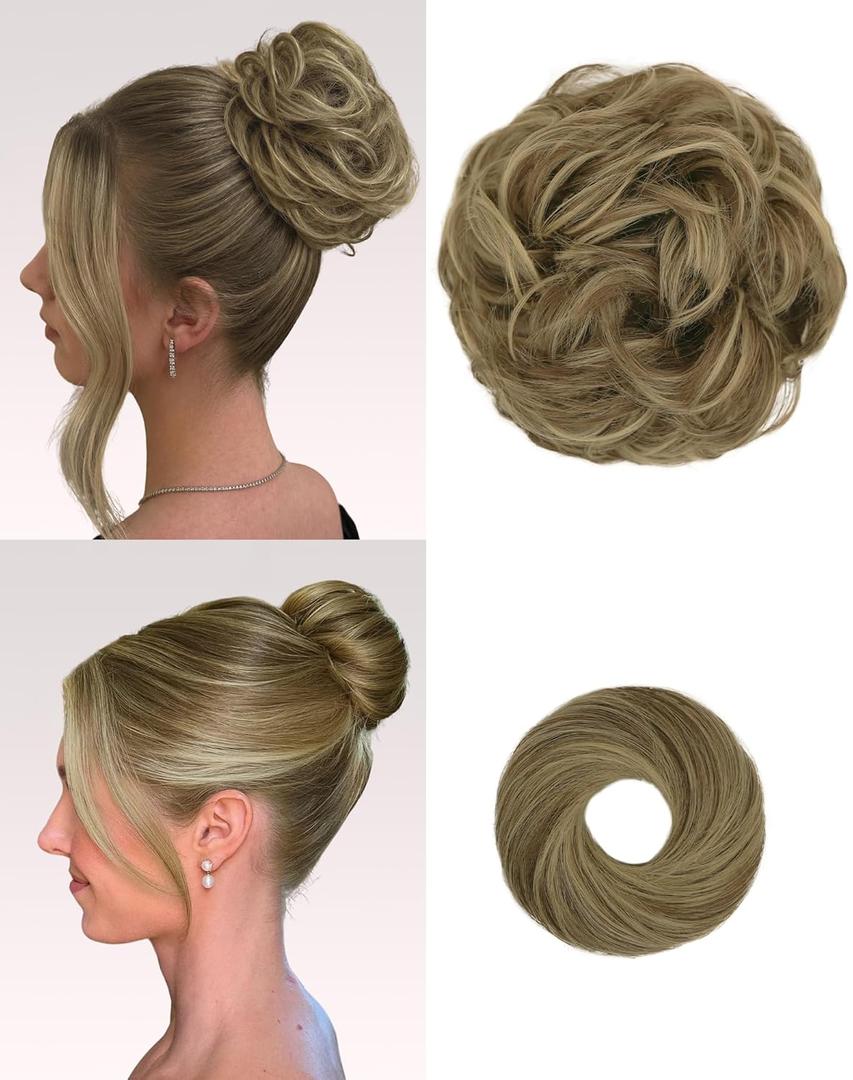 2PCS Messy Bun Hair Piece-Large Wavy Curly & Donut Updo Hair Pieces Set, Scrunchies Synthetic Chignon Ponytail Extensions Thick Updo for Women(Brown with Blonde Highlights)