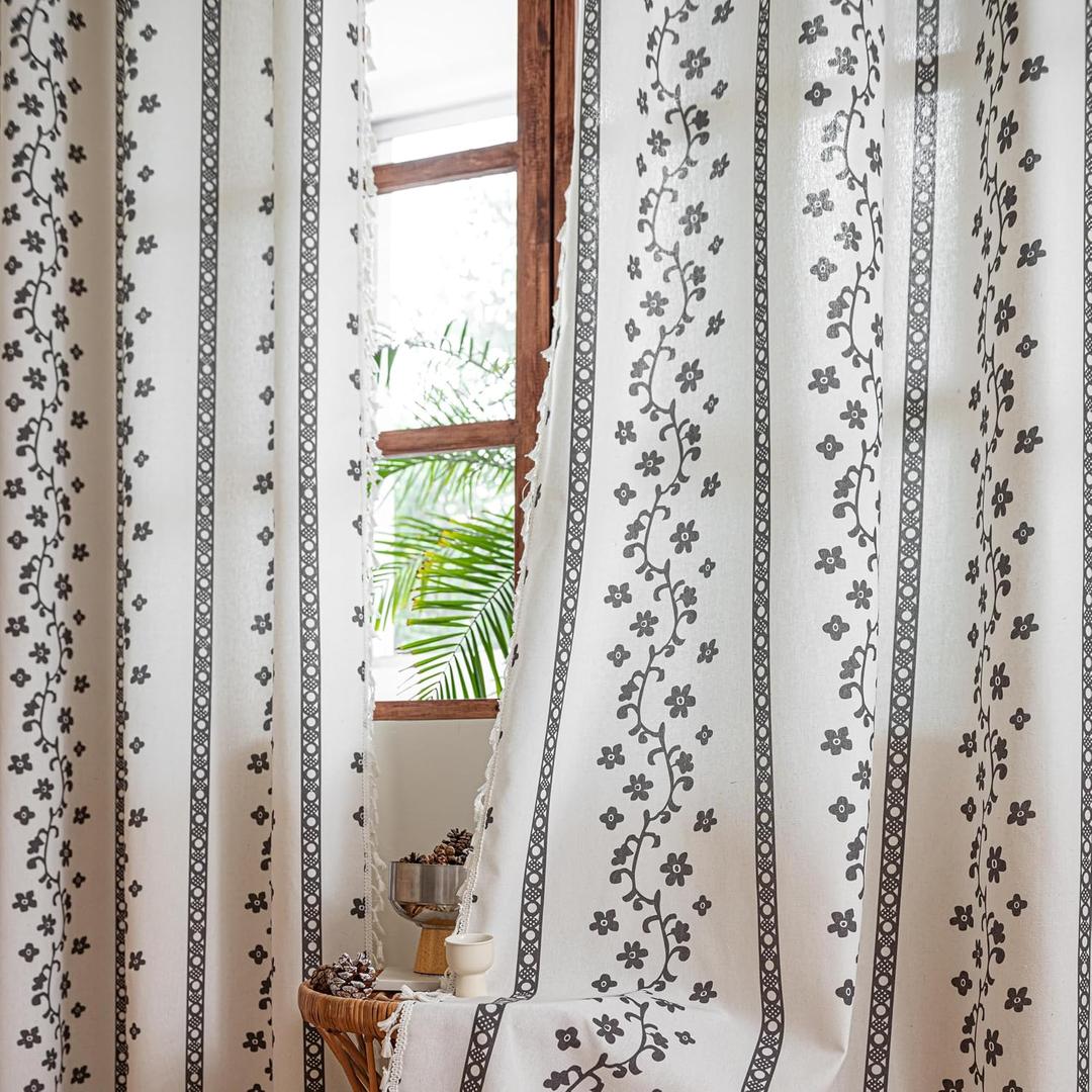 Sutuo Home White Boho Curtains 2 Panels for Bedroom Dining Room, Bohemian Cream Semi Blackout Floral Linen Curtains Stripes Decor with Tassels Country Privacy Grommet Window Treatment 52" W x 96" L
