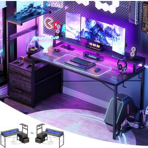Aheaplus Gaming Desk with LED Strip & Power Outlet, 59Inch Reversible Computer Desk with Monitor Stand & Storage Shelves, Home Office Desks with Fabric File Drawer, Gamer Table PC Desk, Black Oak