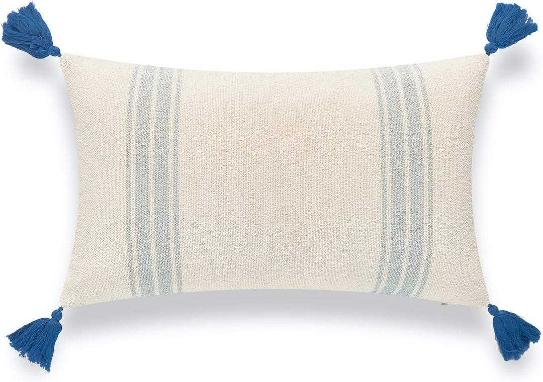 Hofdeco Beach Coastal Morrocan Decorative Lumbar Pillow Cover ONLY for Couch, Sofa, or Bed, Light Blue Ticking Striped Tassels, 12"x20"