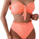 SOLY HUX Women's Ruffle Strapless Bikini Set 2 Piece Bandeau Swimsuit High Waist Bathing Suits (Medium, Plain Orange)