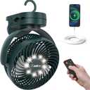 Camping Fan with Remote Control - 12000mAh Rechargeable Battery Powered Fan, Camping Fans for Tents with LED light & Hanging Hook, Rechargeable Battery Operated Ceiling Fans for Tent RV Bed, Green