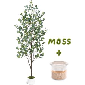6FT Fake Eucalyptus Tree with Natural Wood Trunk, Artificial Eucalyptus Tree with Planter & Basket, Tall Faux Plant for Living Room Office Bedroom Indoor Outdoor Decor