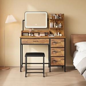 Vanity Desk with Mirror, 4 Fabric Drawers, LED, Bedroom, Rustic Brown, Size: 34.3in