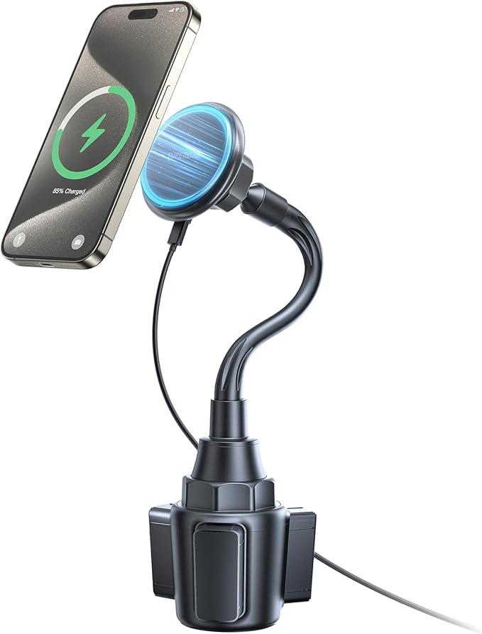 SUPERONE 2025 Upgraded for MagSafe Cup Holder Charger, MagSafe Car Mount Charger 15W Fast Charging with Adjustable Gooseneck for iPhone 17 16 15 14 13 12 Pro Max Plus Mini MagSafe Case