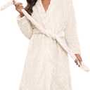 Ekouaer Women White Robe Warm Knee Length Soft Warm Plush Bathrobe Fuzzy Loose Winter Petite Fleece Lounge Robes White S