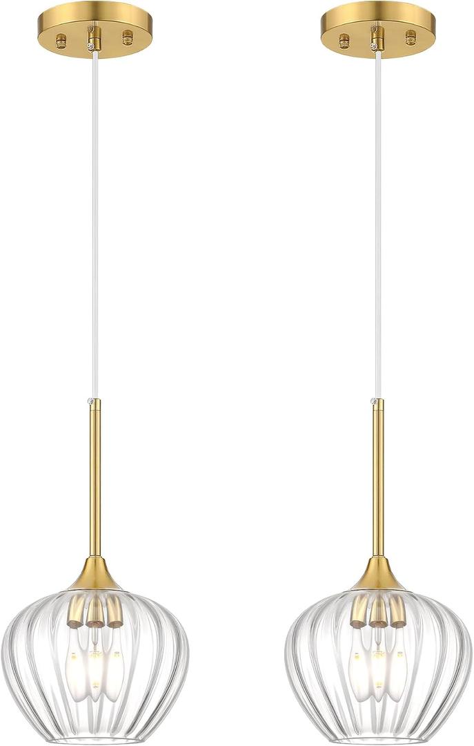 2-Pack Glass Pendant Lights Kitchen Island, 7" Modern Gold Pendant Lighting Adjustable Hanging Light Fixtures for Kitchen, Dining Room, Bathroom, Bedroom