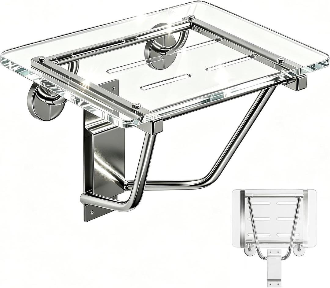 Folding Shower Seat Wall Mounted 350 lbs Capacity Heavy Duty Acrylic Shower Bench with Stainless Steel Bracket, Fold Down Bath Seat for Elderly, Disabled, Adults Space-Saving Transparent