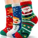 AIVEI 72-Needle Buttery Soft Fuzzy Socks for Women Girls, Gifts Cozy Warm Fluffy Cute Thick Plush Slipper Socks 3 Pairs (Christmas-02)