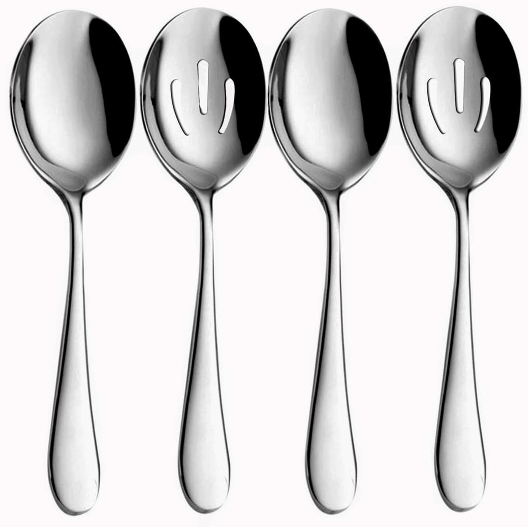 4-Piece Serving Spoon Set - Includes 2 Serving Spoons and 2 Slotted Spoons, Large Cutlery for Catering Buffet, Mirror Polished, Dishwasher Safe, 8.7 Inches (Sliver)