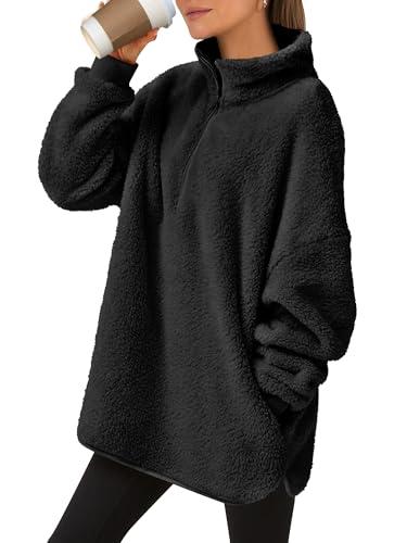 ANRABESS Women's Sweatshirt Sherpa Fuzzy Fleece Zip Up Hoodies Cozy Pullover Soft Sweaters Tops 2025 Fall Trendy Clothes Black , XL, Black