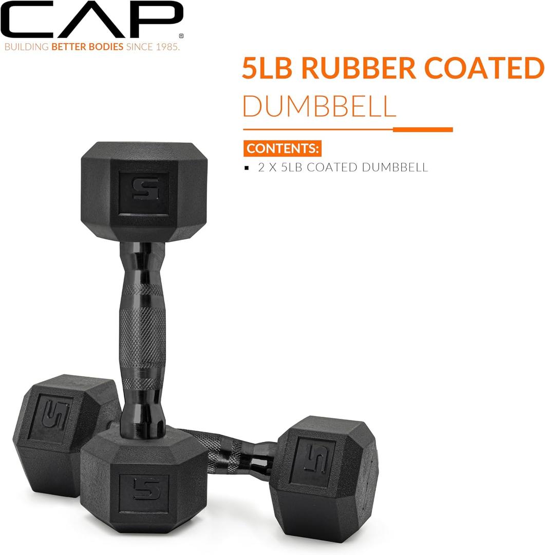 CAP Rubber Coated Dumbbell Weights, Free Weights for Home Gym Strength Training, Anti-Roll Hex Dumbbells with Black, Chrome & Comfort Grip Handles, Pairs & Sets, Size: 5 lb, Pair