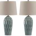 Signature Design by Ashley Hadbury Contemporary Ceramic Table Lamp Set with 3-Way Switch, Set of 2, Light Green & Beige