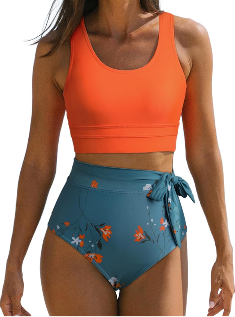 Dokotoo Womens 2 Piece Swimsuit Scoop Neck Sleeveless 2025 Racerback Top Tummy Control Tie Knot Bathing Suits Floral Bottoms Size L