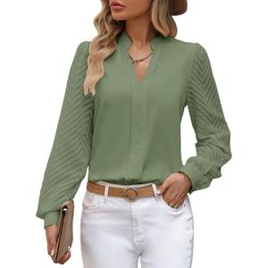Work Blouses for Women Long Sleeve V Neck Tunic Tops for Women Loose Fit Dressy Womens Blouses Fashion Green L (L)
