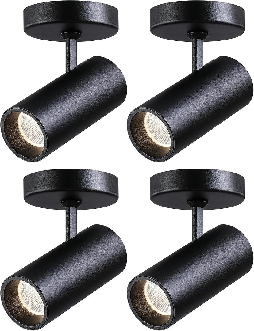 12W LED Dimmable Ceiling Spotlight Indoor - Adjustable Surface Accent Lamp for Corridor, Living Room, Warm White 3000K, CRI 97, Anti-Glare Picture Artwork Spot Light, Black 4 Packs
