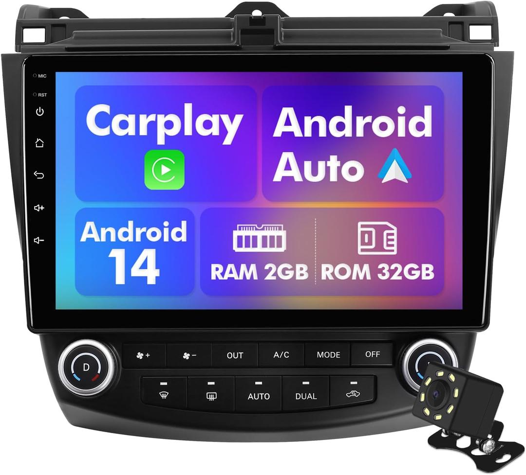 Android 14 Car Stereo for Honda Accord 2003-2007, 10.1" IPS Touchscreen Radio with 2GB+32GB, Wireless CarPlay & Android Auto, GPS Navigation, WiFi, Bluetooth, Backup Camera, SWC