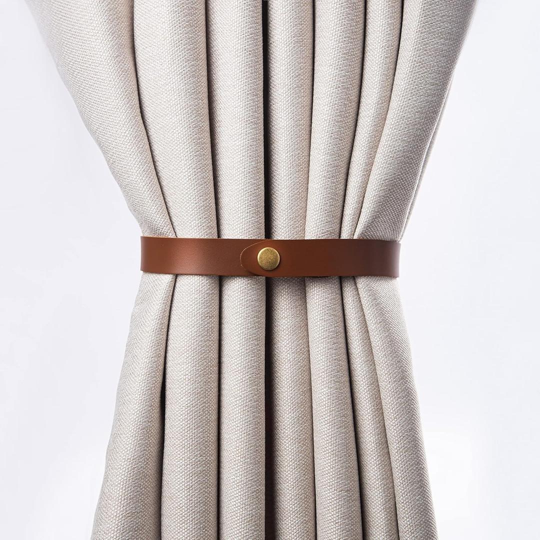 PU Leather Curtain Tie Backs, Ring Clips Curtain Buckle for Window Draperies of Home Hotel Curtain Holders, Rope Decoration Creative Curtains Buckle Modern Minimalist Set of 2 (Light Brown)