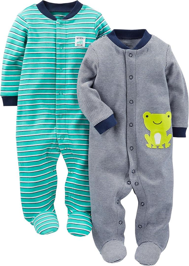 Simple Joys Baby Boy's 2 pack Cotton Footed Sleep and Play Sleepwear, Navy Stripe/ Turq Stripe, Newborn
