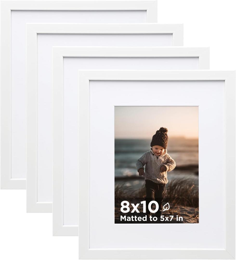 KINLINK 8x10 Picture Frame White Set of 4, Wooden Photo Frames Matted 5x7 with Plexiglass for 5x7 with Mat or 8x10 without Mat for Table and Wall Display