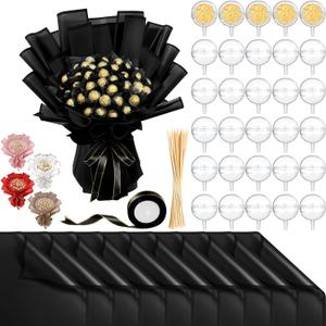 71 Pcs DIY Chocolate Flower Bouquet Kit Graduation 2025 Candy Rose Clear Acrylic Lollipop Ball Holder Mother's Day Flower Wrapping Paper Ribbon Accessories Birthday Gift(Black)