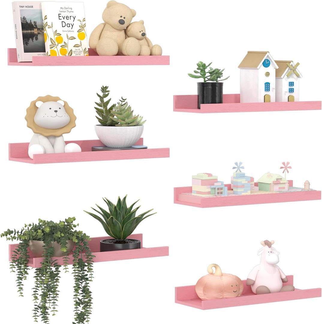 upsimples Pink Shelves for Wall, Pink Room Decor for Teen Girls, Bedroom, Living Room, Game Room, 6 Pack Wall Mounted Wood Shelves for Picture, Plants (15.7in)
