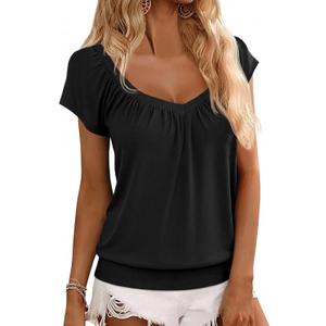 Hongqizo Womens V Neck T Shirts Cap Sleeve Summer Casual Shirts Banded-Bottom Loose Fit Basic Tops (X-Large, Black)